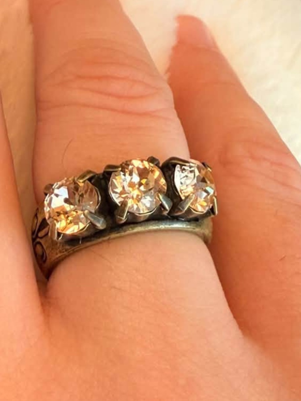 French Kande Brass Triple Swarovski Ring